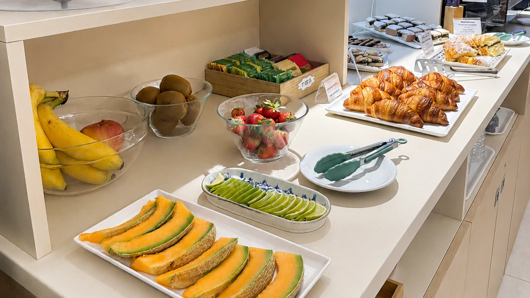 Tanti ingredienti da colazione come cornetti, marmellate, frutta, cereali, posate, bicchieri e piatti.