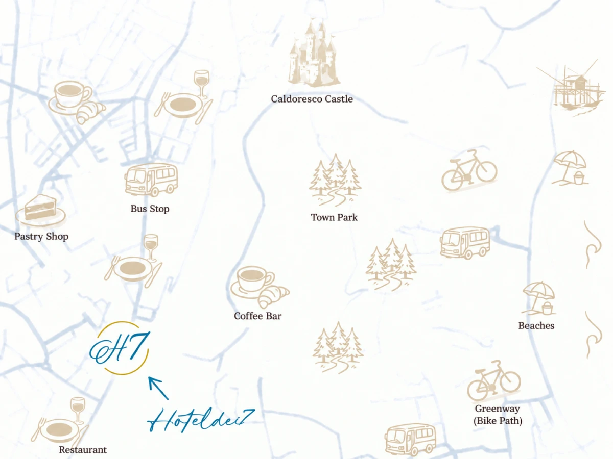 Illustrated map with hoteldei7 position and other activities