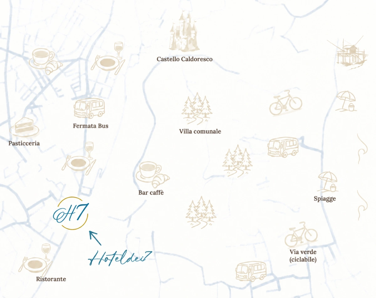Una mappa illustrata che mostra la posizione dell'hoteldei7 con attività di interesse intorno